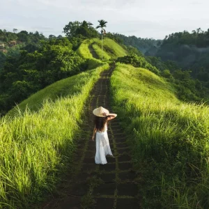 Woman in a white dress walking